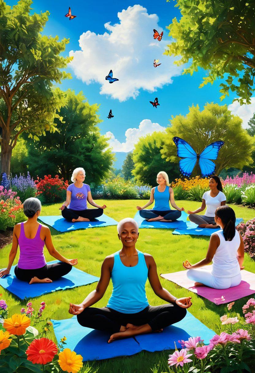 A serene landscape depicting a diverse group of cancer survivors engaged in various thriving activities, like yoga, painting, and community gardening, under a bright blue sky. Incorporate symbols of hope such as butterflies and blooming flowers, alongside elements like a support group circle. The image should evoke resilience and positivity, showcasing vibrant colors and a sense of community. super-realistic. vibrant colors. uplifting atmosphere.