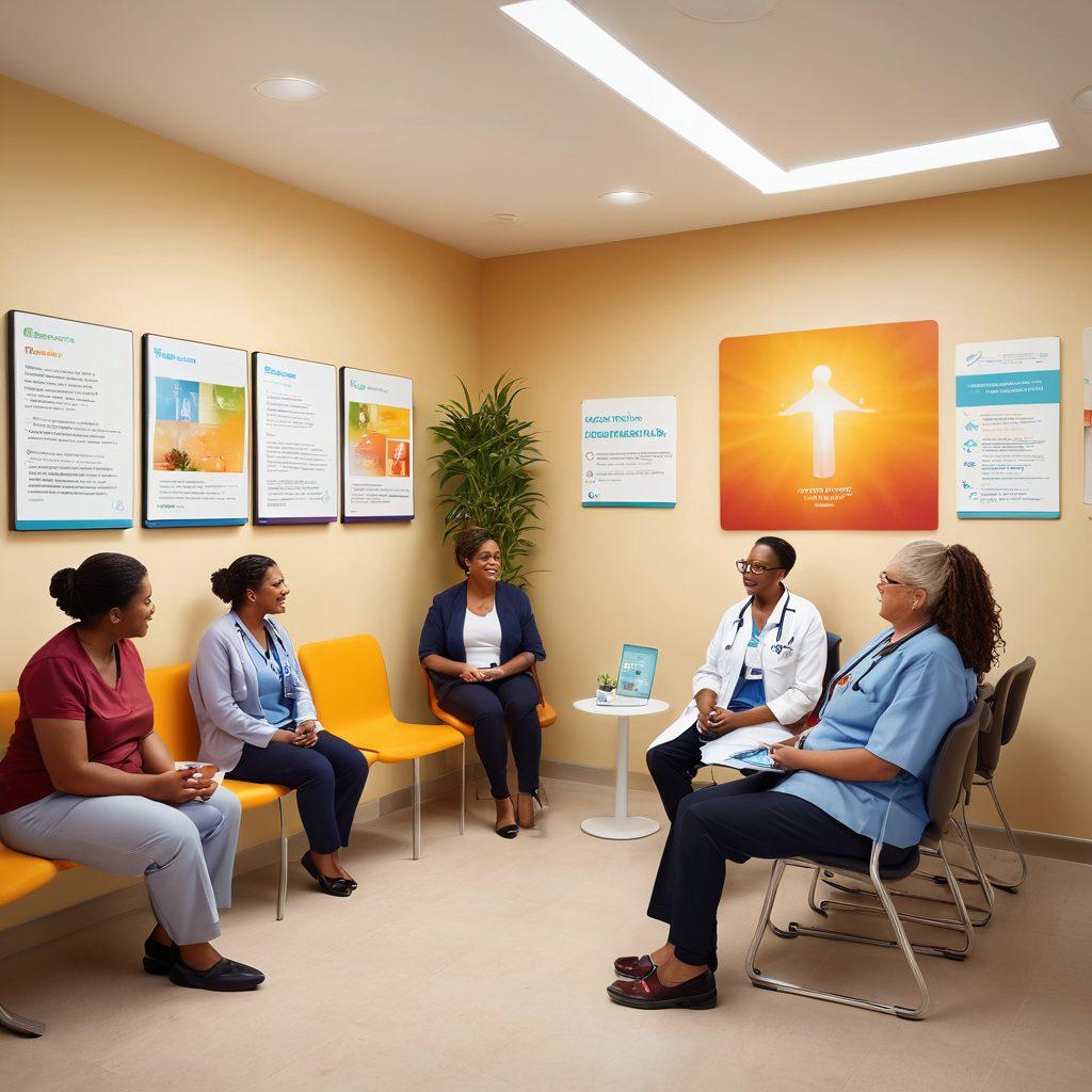 A diverse group of patients in a bright, welcoming clinic, engaging with healthcare professionals who are offering brochures on treatment options. Infographics displaying patient empowerment concepts are visible on the walls. The atmosphere is supportive and encouraging, with warm lighting and plants. Include a digital tablet showing a virtual consultation in one of the patients' hands. super-realistic. vibrant colors. warm tones.